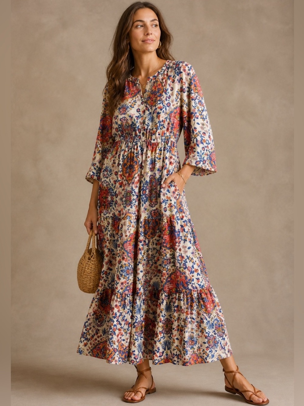 Boemo x Anthropologie Floral & Paisley Print Boho Maxi Dress W/ Bell Sleeves ❤️
